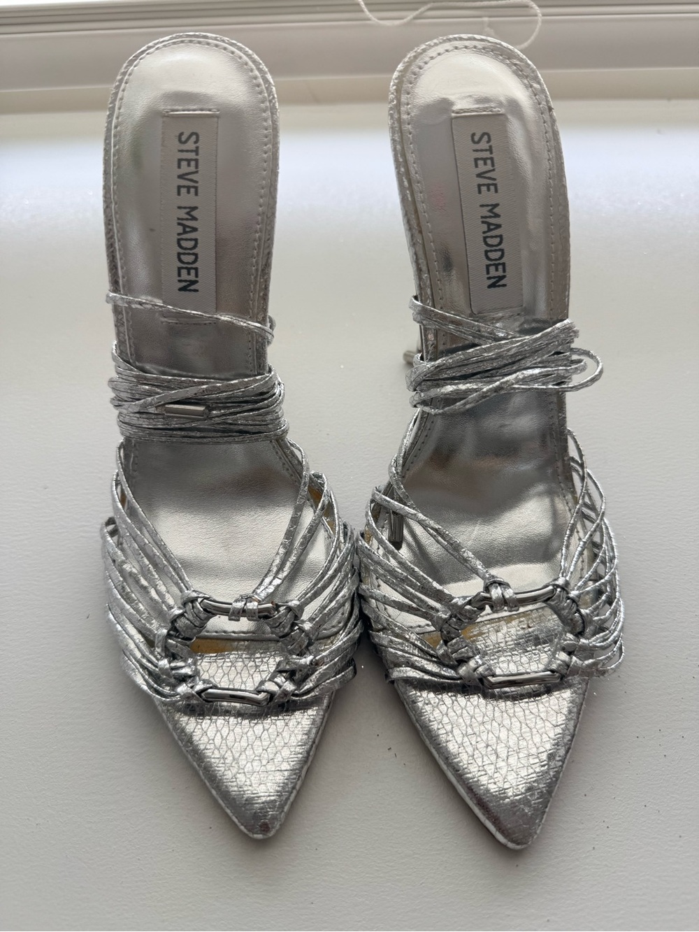 Steve Madden Zaya Metallic Silver Strappy Pointed Stiletto Heels - Picture 6 of 7